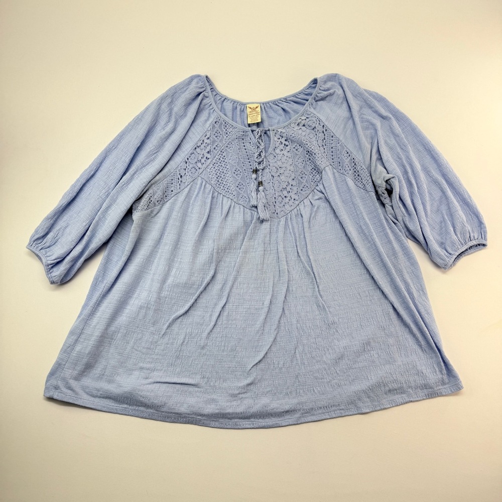 Faded Glory Womens 3X Light Blue Crochet Lace Tassel Peasant Blouse Top